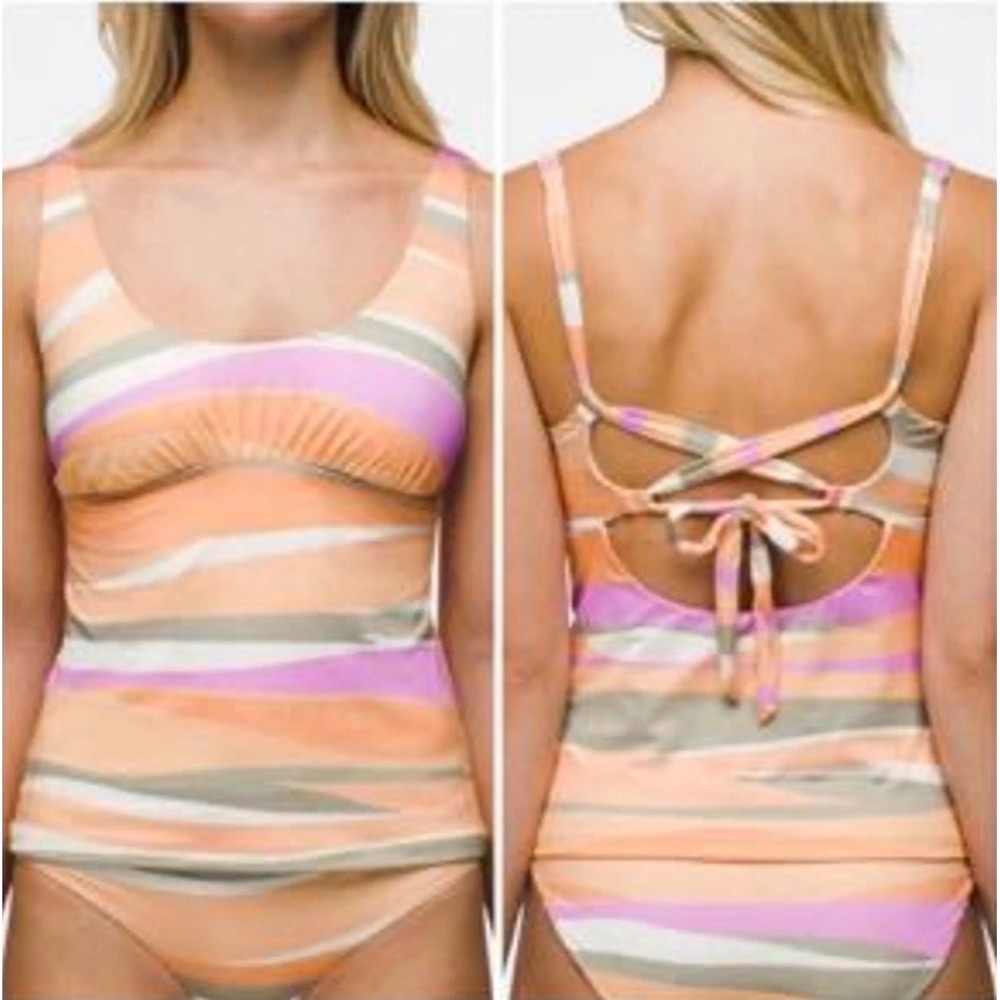 prAna Mallorca Tankini Top XL NWT Waves Striped UPF 50+ Padded Lace Up Swim